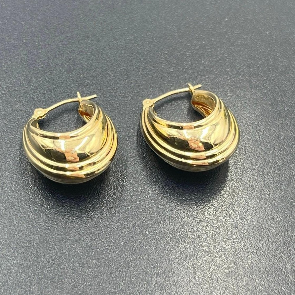 JCM Jacmel 14K Yellow Gold Domed Ridged Thick‎ Chunky Hoop Earrings Hinged